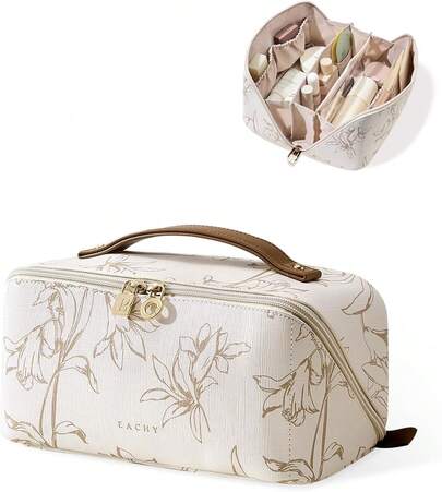 Travel Makeup Bag, Large Capacity Cosmetic Bags For Women, Waterproof Portable Pouch Open Flat Toiletry Bag Pattern Make Up Bag (F-Beige)