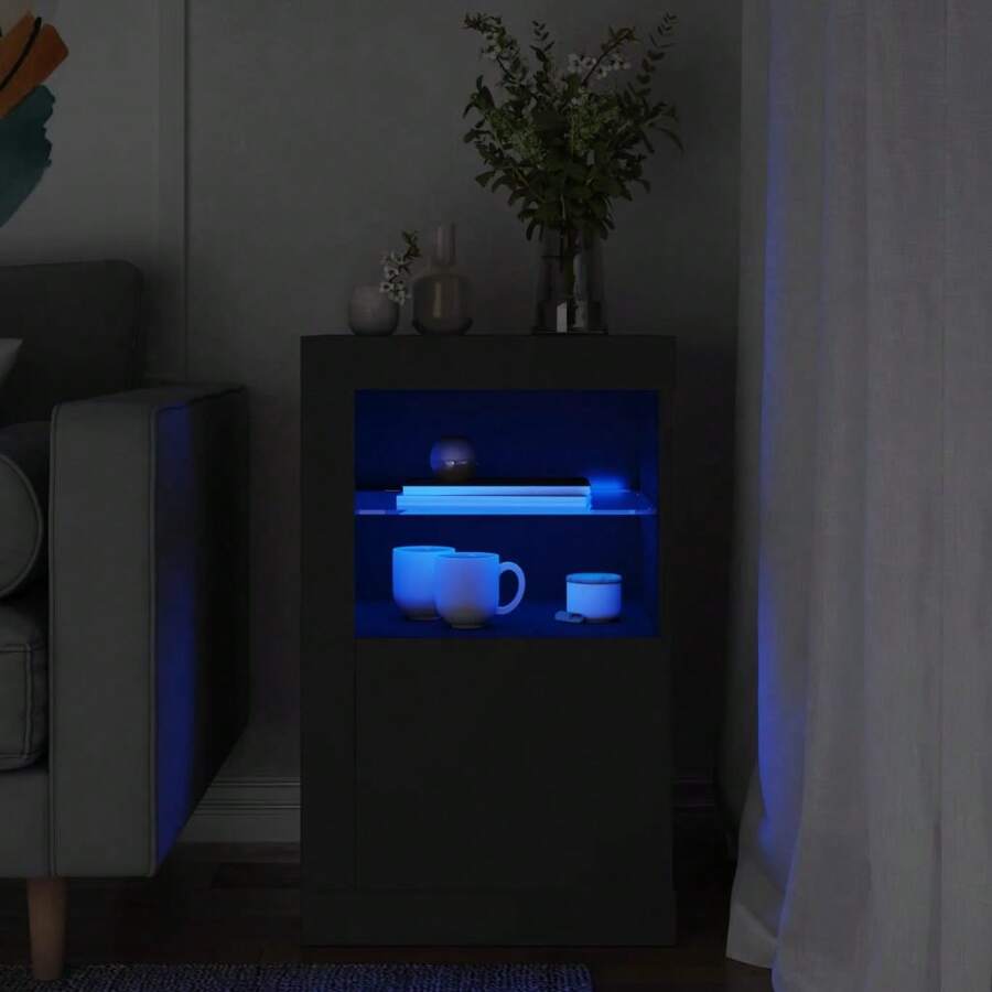 Larryhot Gabinete auxiliar con luces  de madera de ingeniería negra, hermoso y práctico, ideal para almacenamiento y decoración del hogar. - Negro - Ver 1