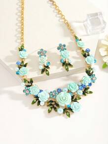 3pcs/Set Elegant Luxury Enamel & Metal 3d Flower Necklace And Earrings Set For Women, Perfect For Banquet And Dinner Parties Stylish And Versatile Valentines