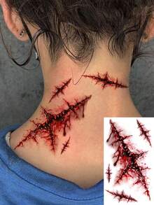 3 件万圣节僵尸疤痕临时纹身，假血迹伤口缝合疤痕身体脸部防水纹身贴纸适用于化妆派对恶作剧 - 紅色 - 查看 5
