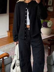 Women Y2k Crew Neck Cardigan Sweater Long Sleeve Button Down Solid Color Top Fall Casual Vintage Lightweight Knitwear - màu đen - Xem 2