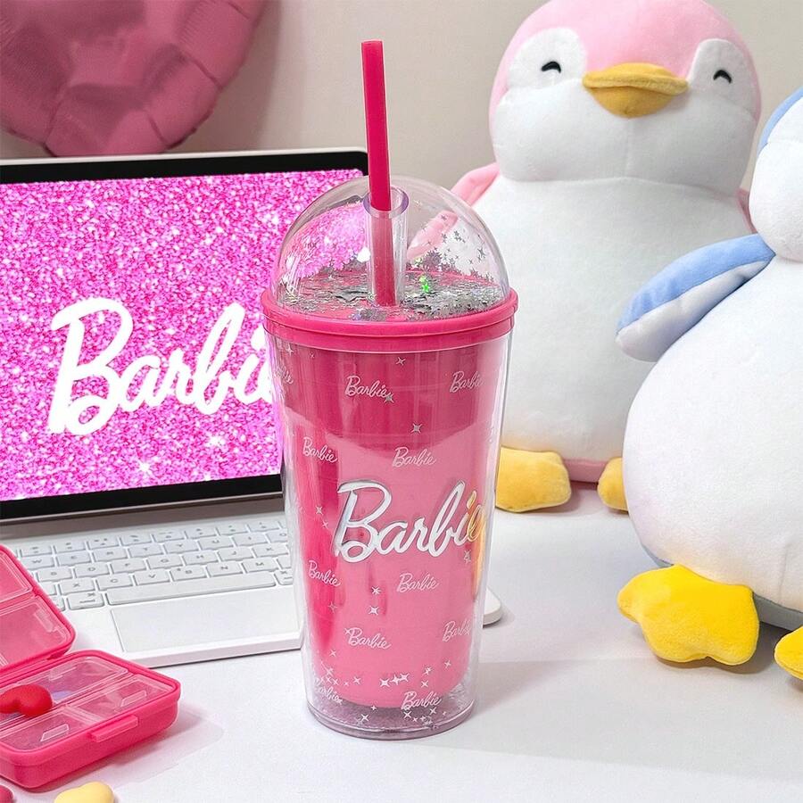 Miniso Barbie 600ml Double Layer Plastic Tumbler With Straw,Pink Straw Cup Coffe Cup,Best Birthday Gift For Outdoor Travel Or School - 粉色 - 查看 1