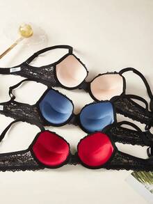 3-Piece Lace Flower Contrast Sexy Women's Underwear Bra, Thin Top And Thick Bottom Contrast Pattern, 3/4 Cup Size, With Steel Ring Bra Gathering And Shaping - 3件裝 - 查看 7
