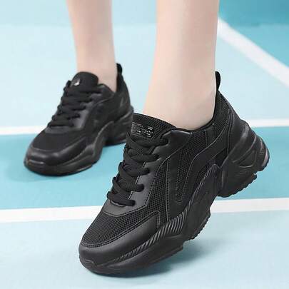Black Thick Sole Casual Comfortable Chunky Sneakers, Breathable Mesh Fabric, Suitable For All Seasons, Fashionable Sneakers For Walking