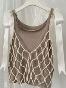 DEKUNER 串珠吊带背心设计小众外套百搭时尚镂空针织V领身体链可爱蝴蝶结肩带，女士礼物 - 白色 - 查看 3