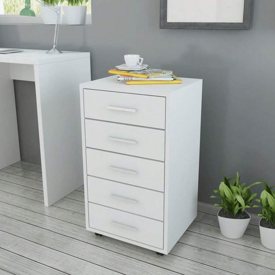 Larryhot Cajonera de oficina con ruedas y 5 cajones en color blanco, bonita y práctica, ideal para almacenaje y decoración del hogar. - Blanco - Ver 1