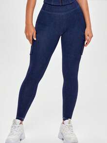 ChicMe Damen High-Waist Jeans mit Klapptaschen und Metallknöpfen, Slim Fit dehnbare Lässig Jogginghose, geeignet für Sport und Laufen - Blau - Übersicht 3