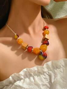 1 件波西米亚复古木质八角形串珠手工吊坠项链，夸张短款颈链，适合女士 - 黃色 - 查看 2