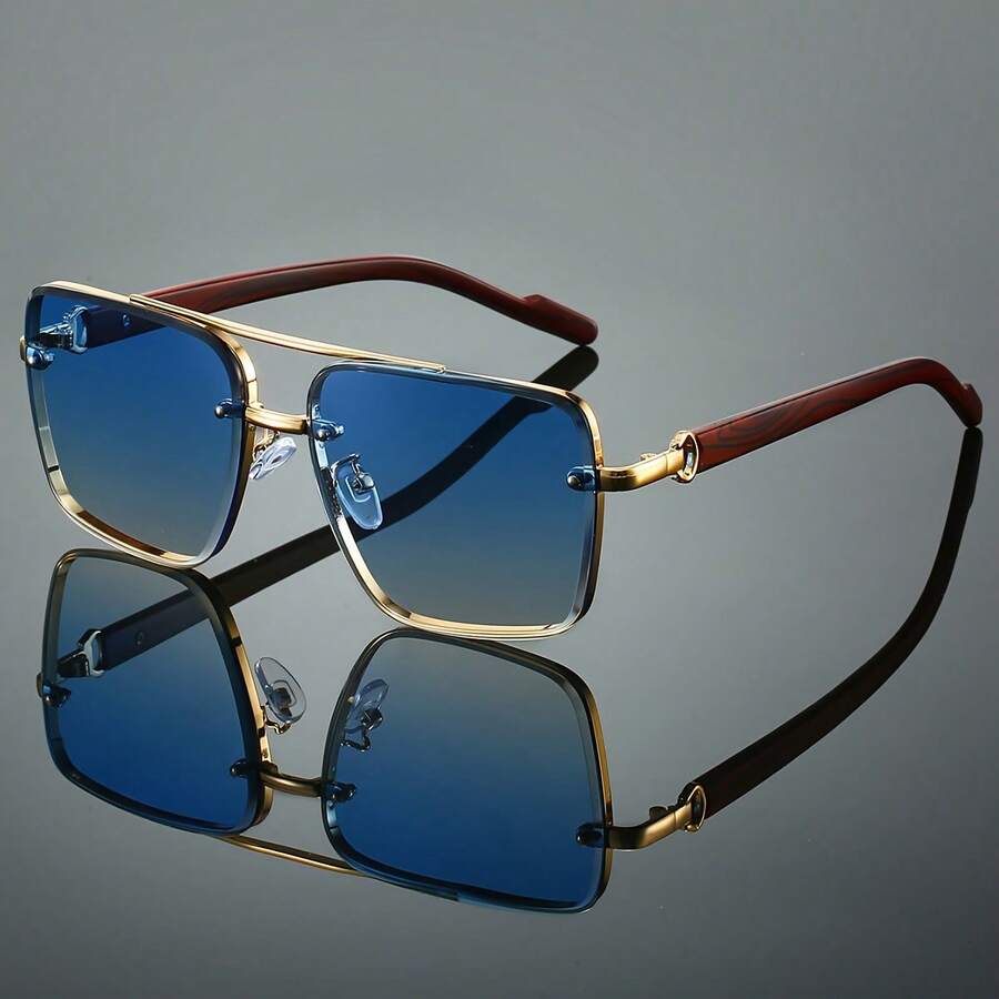 1 Pair Of Unisex Square Fashion Sunglasses, Unique Double Bridge Design, Retro Wood Grain Texture, Light Luxury Style - UV400, Suitable For Daily Wear, Driving, Traveling, Street Photography, And Holiday Gifts, Summer Beach Essentials - 金漸變灰 - 查看 1