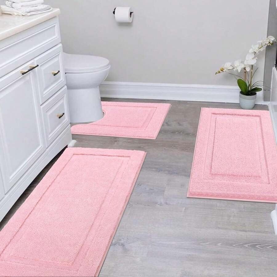HEBE Soft Fluffy Bathroom Runner Rugs Set Of 3 Bath Mats With U Shape Toilet Rugs Non Slip Washable Bath Rugs Absorbent Bathroom Carpet For Shower Tub - 粉色 - 查看 1