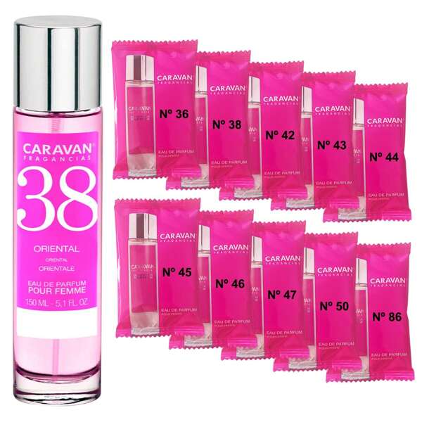 Caravan Perfume de Mujer Nº38 de 150 ml + Set de 10 Viales de Fragancias femeninas distintas de Caravan para descubrir nuevos aromas