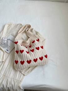 Women's Minimalist Large Capacity Heart Decor Knitting Weaving Shopping Bag, Casual Handbag And Travel Tote Bag