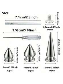 90sets Multiple Sizes Cone Spikes Screwback Studs Rivets Large Medium Small Metal Tree Spikes Studs For Punk Style Clothing Accessories DIY Craft Decoration - Multicolor - View 4