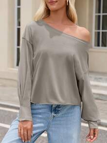 Fisoew Women's Long Sleeve Crop Top Y2K Loose Fit Crew Neck Cropped Tee Shirt 2025, Casual Workout Top, Streetwear Basic T-Shirt, Cute Aesthetic Spring Fashion - Màu Xám nhạt - Xem 2