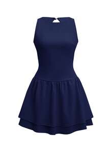 Women's Solid Color Backless Fitted Christmas Dress - Navy - View 3