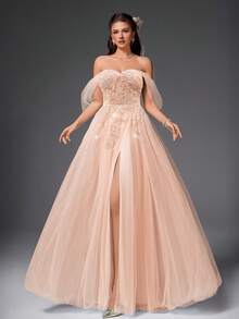 VIPGIRL 粉色露肩薄纱贴花舞会礼服，甜心A字开衩正式晚礼服，女士公主舞会礼服，适合毕业典礼、庆典、婚礼宾客 - 淺粉色 - 查看 7