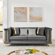 YOGLAD Luxurious Chesterfield Velvet Sofa With Gold Stainless Steel Trims, Modern 3-Seater Sofa And 2-Seater Sofa With Curved Backrest Rolled Arm  And Embroidered Texture 2 Fur & 2 Gold Strip Pillow For Living Room, Bedroom, Apartment, Office - Xám - Xem 8