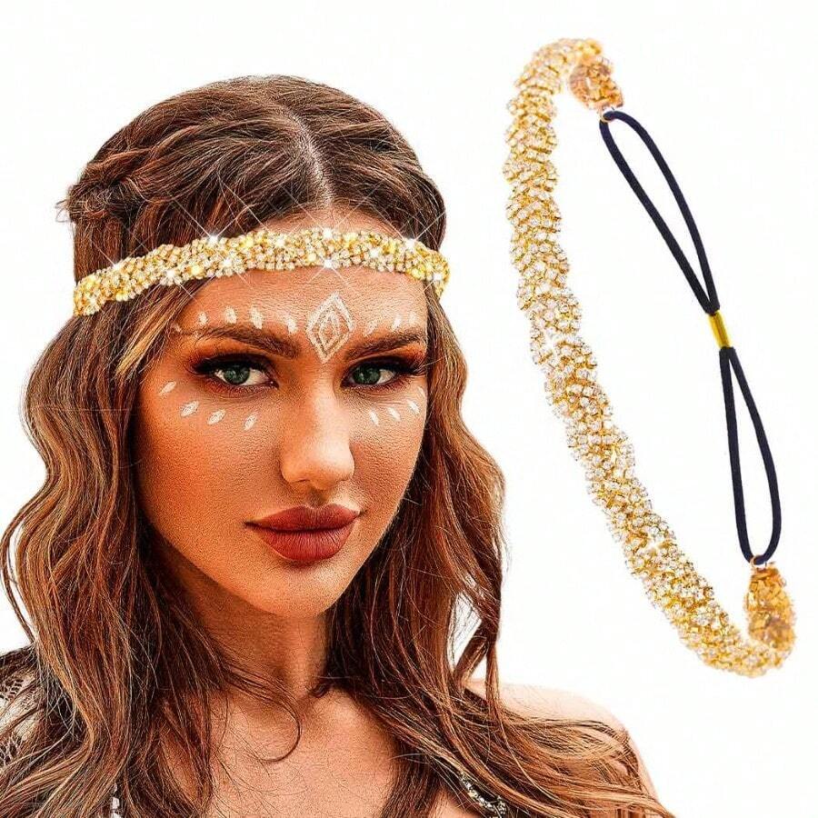 Gold Elastic Rhinestone Headbands Sparkly Crystal Headpiece Hair Accories