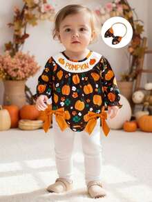 Newborn Girl Outfit, Long Sleeve Crew Neck Pumpkin Flowers Print Romper With Hairband Halloween Clothes - Black - View 2