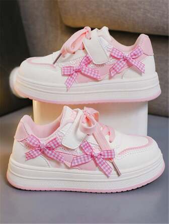 1 par de zapatos deportivos planos, versátiles y casuales para niñas, con correa de punto con lazo, suela suave y cómoda, cierre de gancho y bucle, adecuados para todas las estaciones