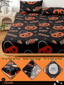 1 pieza Sábana ajustable de Halloween, Protector de colchón con temática de Halloween, Cubierta de cama, Sábana ajustable cómoda y transpirable, Protector de colchón antipelusas, Cubierta de cama con patrón de calabaza de dibujos animados, Decoración de habitación, Antipolvo y antideslizante, Se ajusta a todas las camas - Individual, Doble, Queen, King, Apto para todas las estaciones, No incluye funda de almohada, Lavable a máquina, Regalo perfecto para fiestas, Decoración de otoño, Decoración de habitación