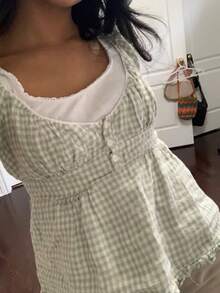 Y2k Summer Tops For Women Cute Sweetheart Neck Crop Tops Solid Color Short Sleeve Pleated Hem Button-Up Slim Fit Blouse Babydoll Tee Casual Going Out Tops Streetwear Fairy Clothes - 綠色 - 查看 4