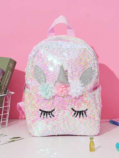 1 PC Shiny Sequined Unicorn Backpack - Cute Pastel-Colored Glitter School Bag With Flower Decorations, Adjustable Shoulder Straps, Lightweight PU Material, Suitable For School Use