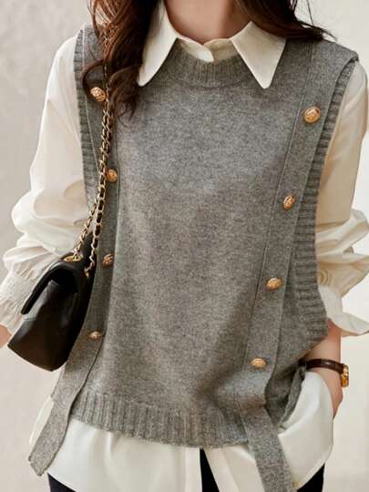 Casual Minimalist European & American Style Versatile Elegant Mature Fashion Sleeveless Button Crew Neck Knit Vest For Plus Size Young Women, Solid Color