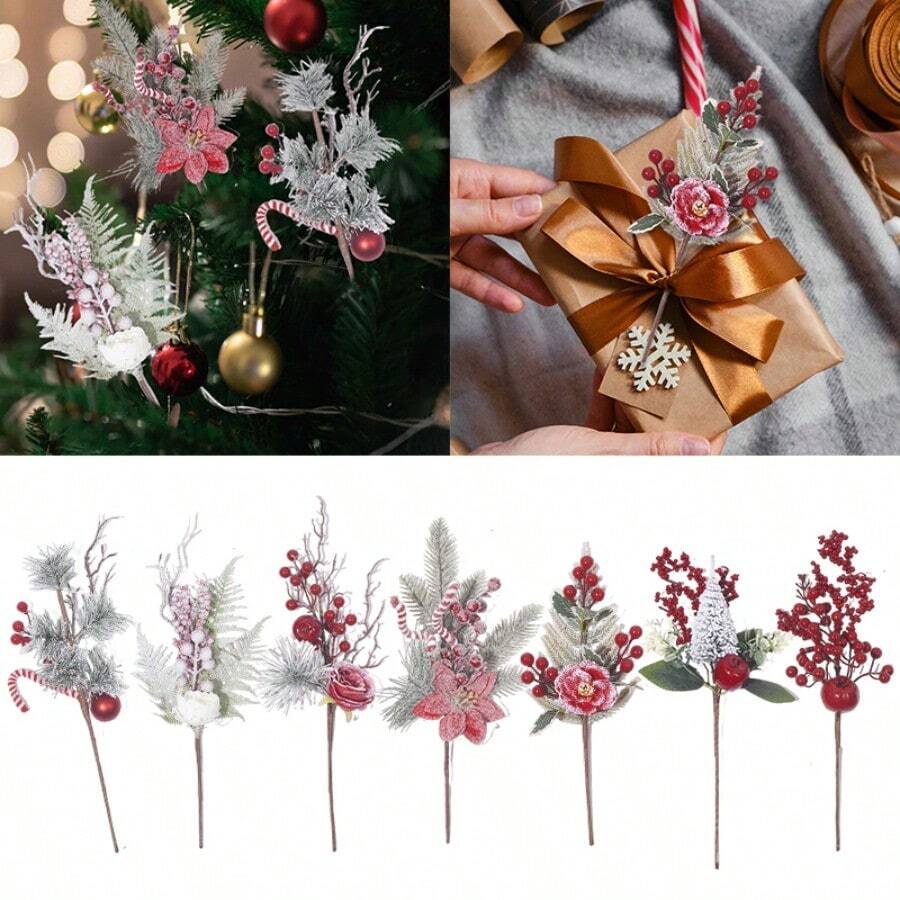 1 pieza, Ramas de pino con escarcha artificial y bayas, recortes de árbol de Navidad, ramas de cedro de Navidad para coronas y decoración navideña, tallos de árbol de Navidad de plástico para manualidades DIY