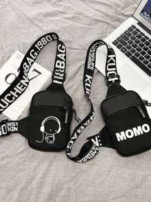 男士多功能运动单肩斜挎胸包，带USB充电口 - 黑色 - 查看 2