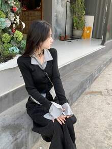 全新弹力拼色拼接 Polo 领黑色二合一女式秋季汗衫，秋季服装