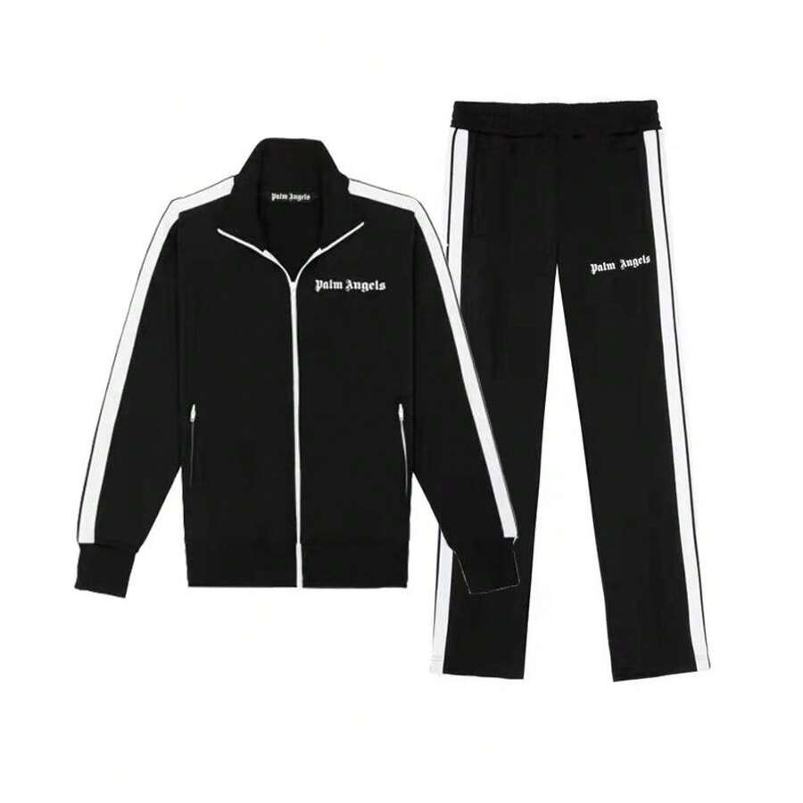 Side Stripe Sports Suit Couple Wear Sweatshirt Jacket Casual Pants - 黑色 - 查看 1