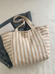 时尚复古条纹帆布手提包，大容量，用途广泛，是工作、上学或户外活动的理想之选，可用作背包、帆布包或沙滩包。 - 卡其色 - 查看 10