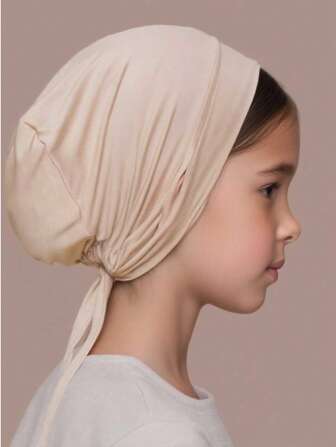 1pc Kids Solid Color Scarf Hat Turban Drawstring Adjustable Ear Holes Bottom Hat Islamic Muslim Scarf Turban Hat Strap Tie Up Daily Wear Headband Soft Veil Adjustable Solid Color Turban Hat With Ear Straps - Breathable Polyester, Elastic Bottom Cap Ensures A Secure Fit, Perfect For Outdoor Activities,