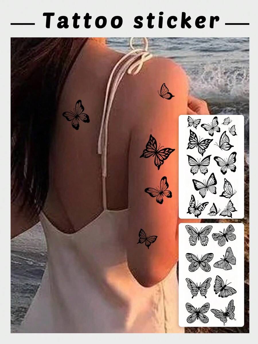 (2 件/套) 蝴蝶纹身贴纸，2 件防水持久逼真临时纹身贴纸，性感个性化纹身贴纸，防水防汗，可持续 1-3 天 - 黑色 - 查看 1