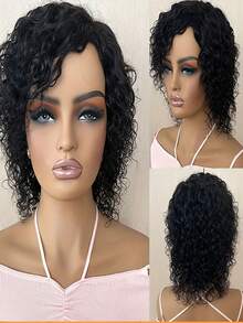 100% 巴西水波真人发假发自然黑色短卷发精灵短发真人发假发全机器制作适合所有种族