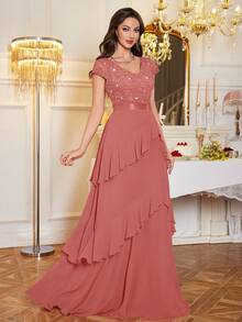 MIUSOL Sequin Floral Lace V-Neck Cap Sleeve Ruffle Trim Layered Hem Chiffon Evening Party Maxi Dress - Dusty Pink - View 6