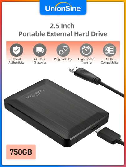 UnionSine مخزون محدود! محرك أقراص صلب خارجي 750 جيجابايت بواجهة USB 3.0 - محرك أقراص صلب محمول لأنظمة ويندوز والكمبيوتر الشخصي وأجهزة PlayStation 4/5 ، لتخزين الفيديو والعمل والنسخ الاحتياطي