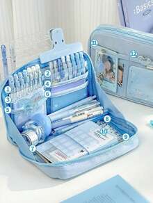 Simple Color Wide-Open Pencil Bag Pen Case 12 Compartments Oxford Fabric Storage Pouch For Stationery School Student , Back To School Gifts - 彩色 - 查看 2