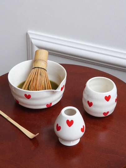 2pcs/3pcs Ceramic Small Heart Matcha Bowl With Pouring Spout, Creative Hand-Painted Heart Design, Matcha Preparation Tools, Matcha Whisk Holder Tea Cup, Suitable For Home Decor Drinkware, Matcha Enthusiasts, Cafes, Dessert Shops, Hotels, Restaurants, Gift