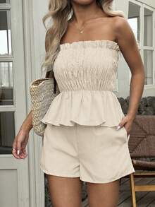 Vaiaye Women's Hawaii Boho Tropical Beach Vacation 2-Piece Set – One-Shoulder Striped Ruffle-Edge Minimalist Everyday Bandeau Top & Shorts, Perfect For Dates, Afternoon Tea, Holidays, Music Festivals And Christmas.