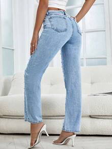 Women's Large-Size Straight-Cut Jeans With Pearl Decorations, Slant Pockets, Fashionable And Casual, Loose And Wide-Leg, Versatile Daily Women's Jeans, Plus-Size - 淺色水洗藍 - 查看 5