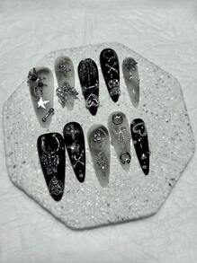 10 Stücke Menhera Hot Girl handgemachte Aufkleb-Nägel Y2K Schwarz Weiß Rendering lange Spitzen Nagelkunst Schmetterling Stern Krone cool Fake Nägel Mandelform Nägel Aufkleb-Nägel lange Nagelzubehör (1 Blatt Gelee Sticker + 1 Stück Nagelfeile)