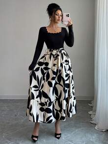 Vestido elegante de manga larga con cuello cuadrado, bajo curvo y estampado de plantas en patchwork para damas - Negro - Ver 1