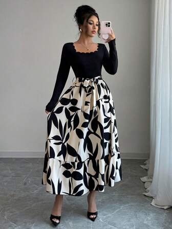 女式拼布植物印花下摆弧形方领长袖优雅连衣裙