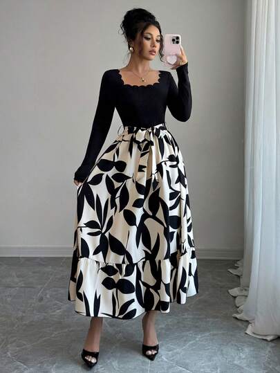 Vestido elegante de manga larga con cuello cuadrado, bajo curvo y estampado de plantas en patchwork para damas