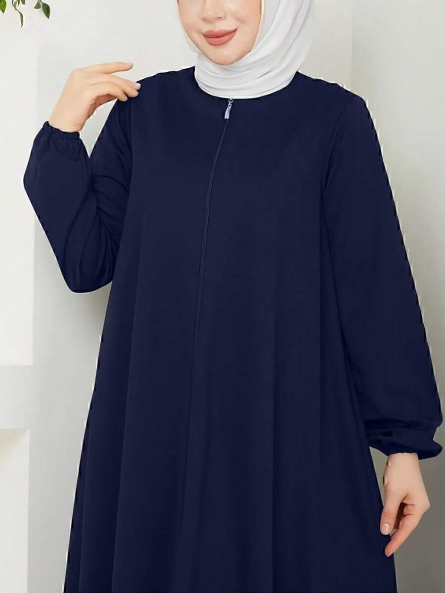 Robe longa elegante de cor sólida, estilo turco Dubai, estilo do Oriente Médio, para mulheres, com zíper, evasê, manga longa confortável, abaya