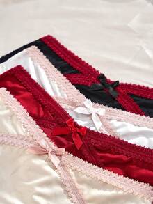 4 peças [ especial exclusiva] Calcinha triangular feminina sexy com borda de renda translúcida, confortável e suave para a pele, romântica, com design de laço fofo real, estilo fada doce (vermelho e branco), calcinha feminina vermelha para uso diário