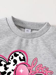 Toddler Heart Print Crew Neck Sweatshirt And Flare Pants Set - Grey - View 3