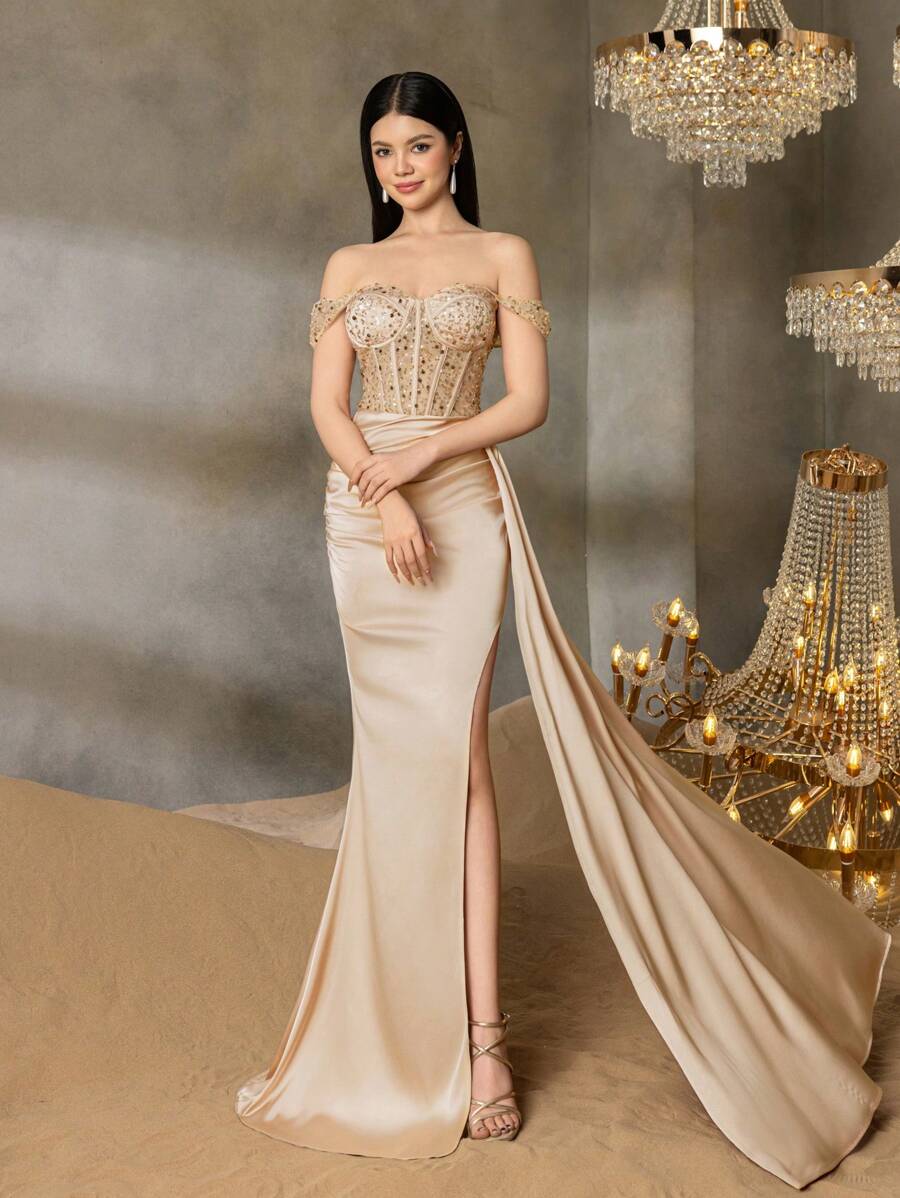 Vestido de noche con lentejuelas para adolescentes de Alisa&Leo - Escote descubierto con Body con cuentas y acentos de cristal, silueta de sirena de satén para graduaciones, bailes de promoción, atuendos de invitados de boda, cenas formales y concursos de belleza